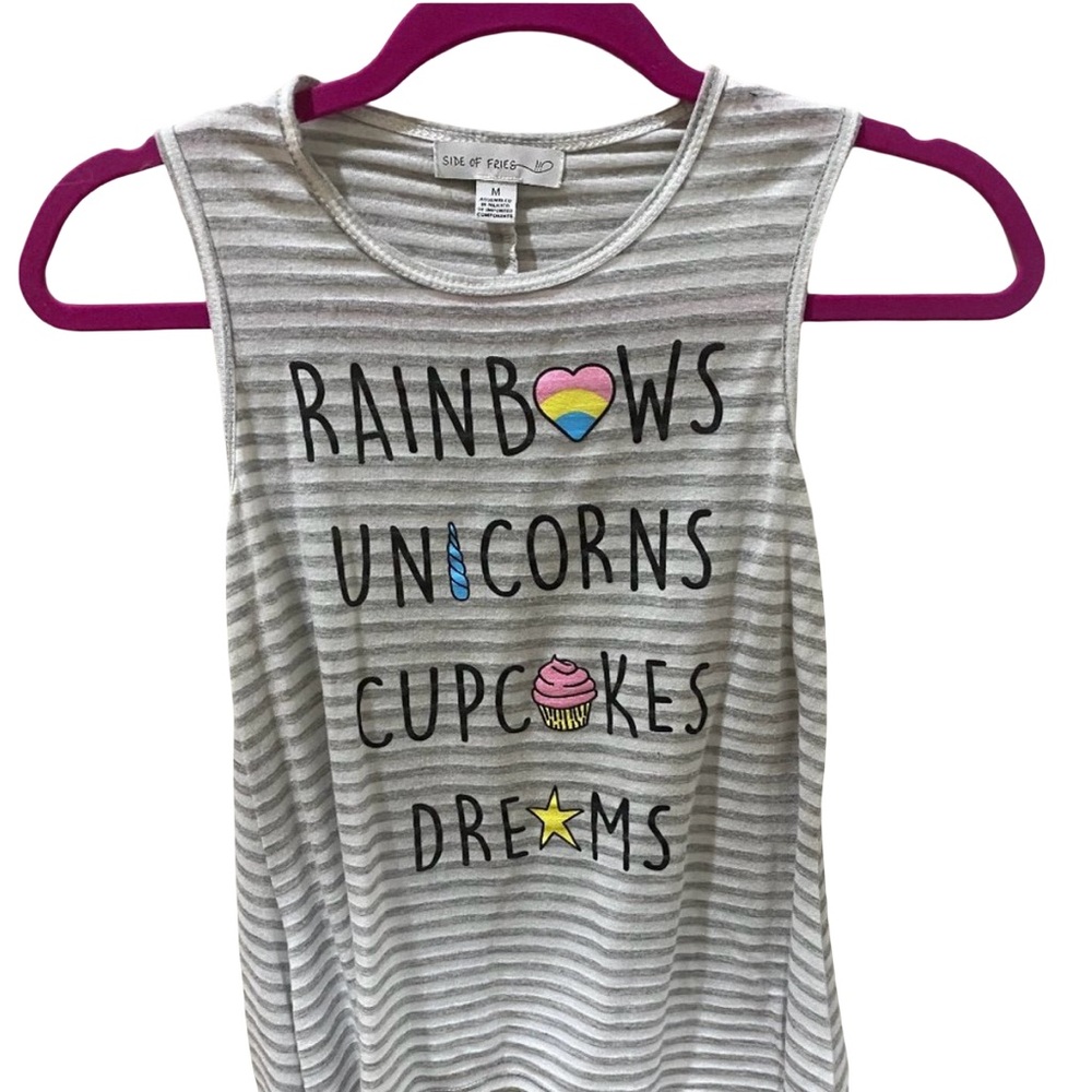 Side of Fries Rainbows, Unicorns, Cupcakes, Dreams striped tank top sz M